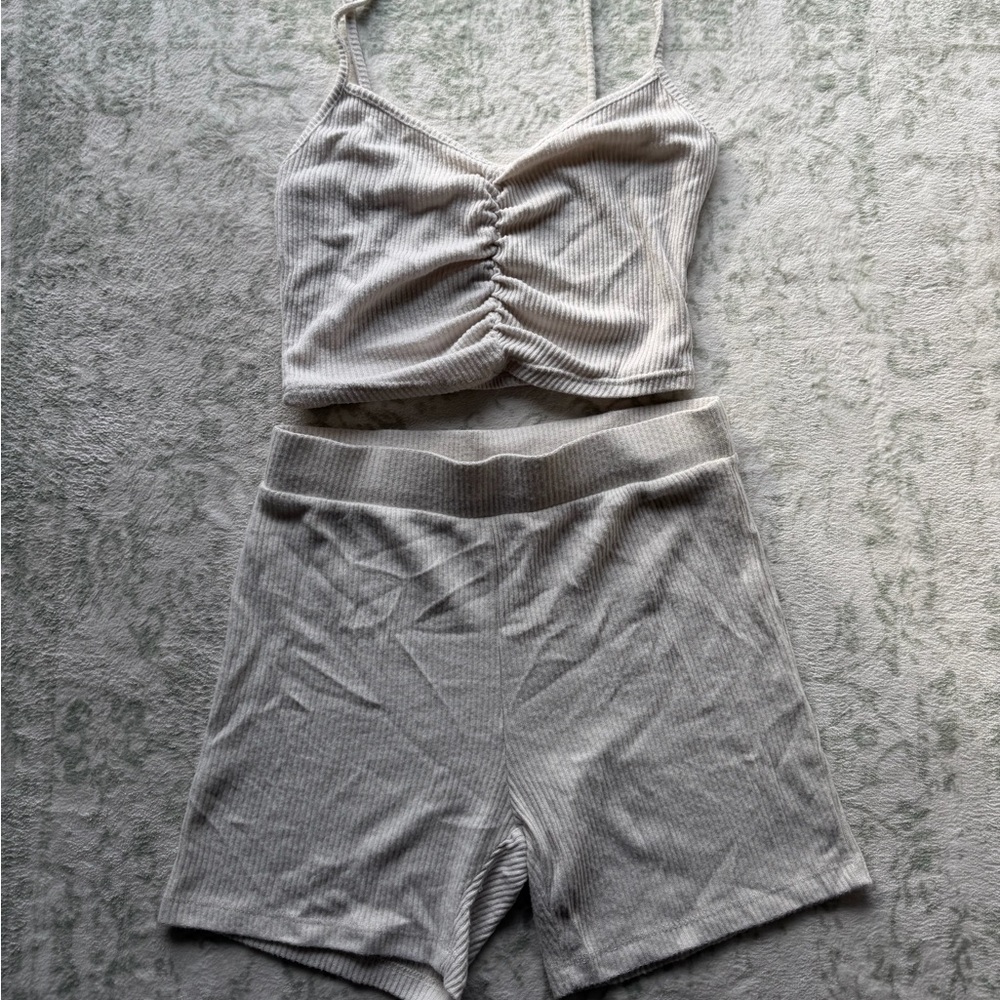 Fashion Nova Cream Ribbed Pajama Set